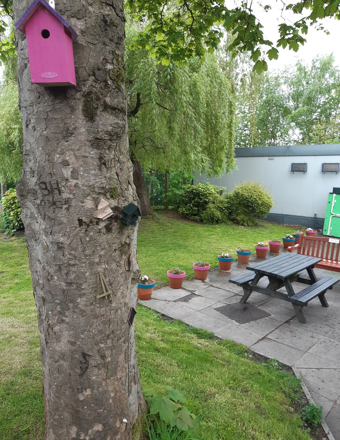 Garden - a garden with a lawn and a picnic bench. In the foreground there is a tree trunk with a pink bird box.