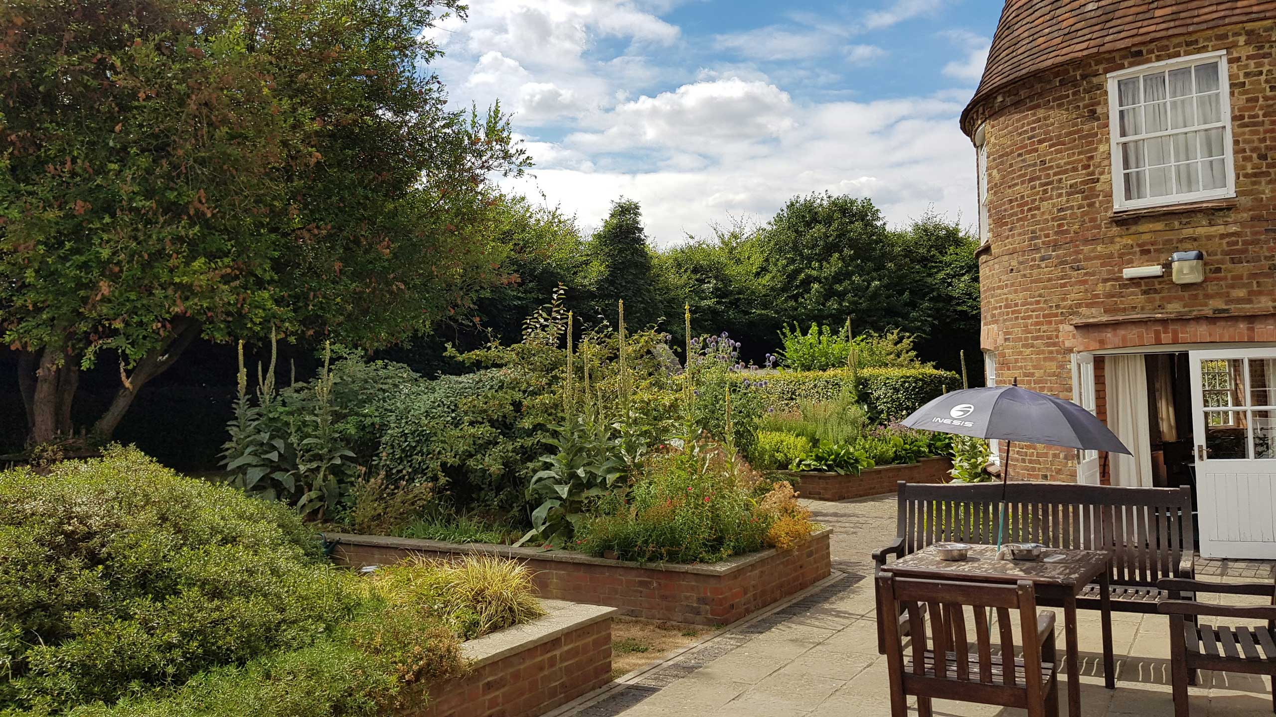 Garden and the side of the building, including hedges and trees