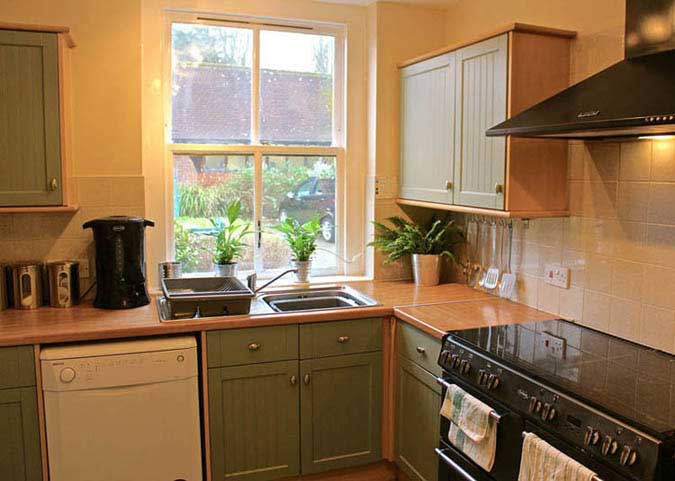 A kitchen with a large sash window, green kitchen cupboards, a dish washer and an oven