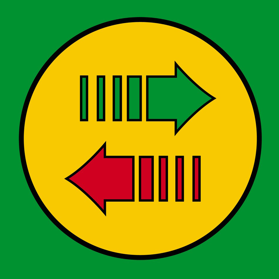 The Needle Exchange Logo. There is a Green arrow pointing right with a red arrow underneath pointing left. They sit in a Yellow circle which sits on a green background