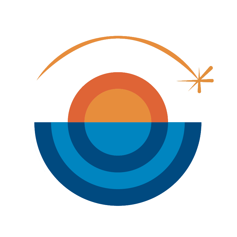 A blue semi-circle represnting the sea, with a smaller orange semi-circle on top representing the sun with a shooting star going around