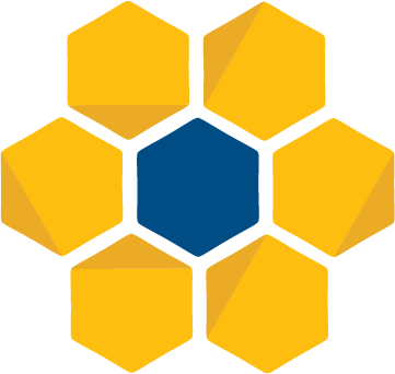 a geometric flower with the petals as yellow hexagons and a navy blue hexagon in the centre