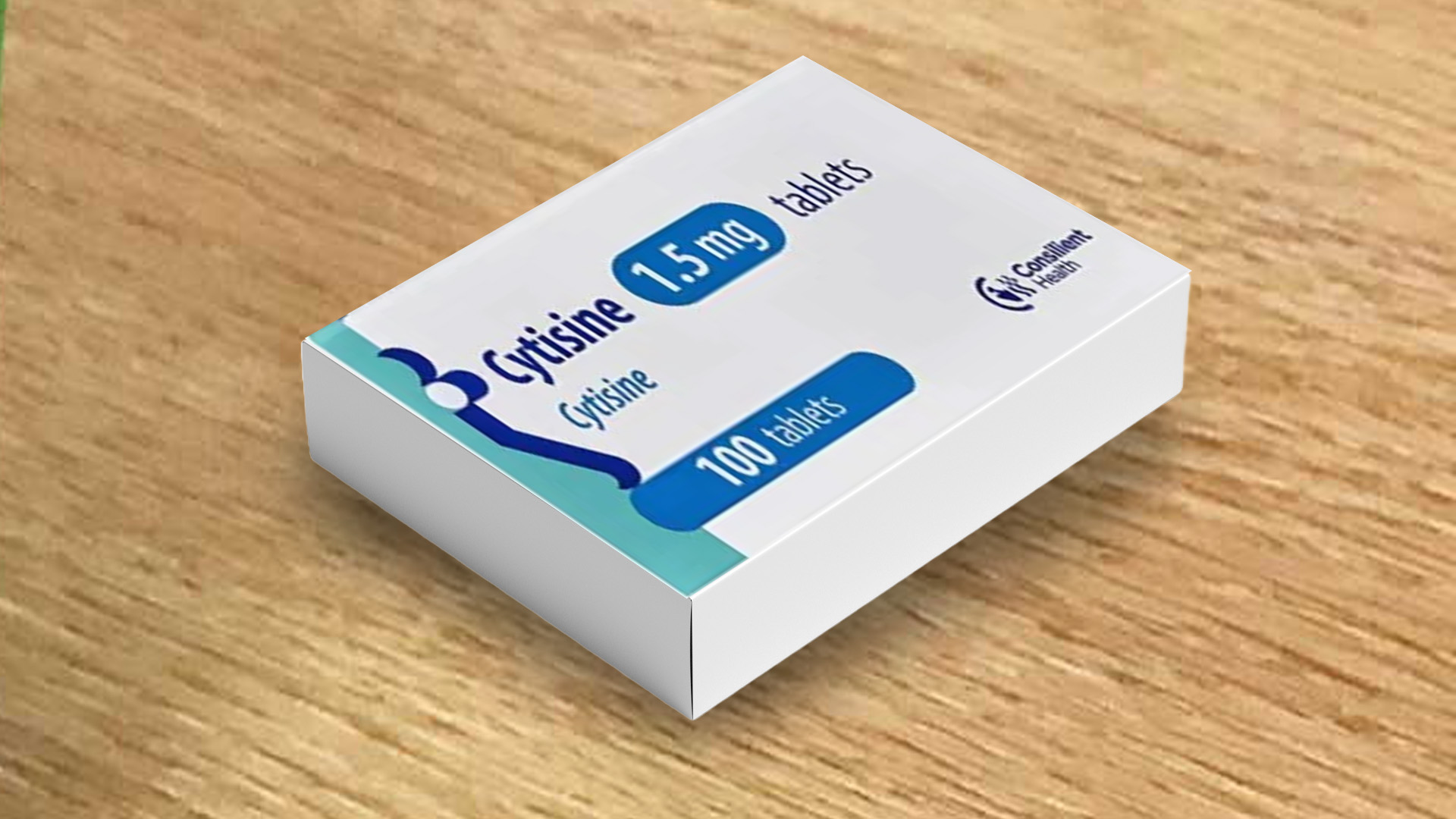 A medication box for cytisine 1.5mg tablets laying on a wooden table. 