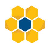 Flower icon made of yellow hexagons with a blue hexagon in the centre