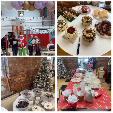 Four images in a square grid. The top left image is a hall with people singing karaoke in. The top right is a selection of cakes. The bottom left is food on a table with a christmas tree in the background. And the bottom right is a table with plates of food