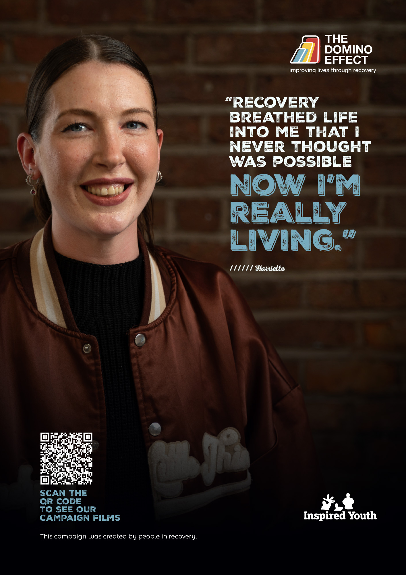 Harriette has her hair pulled back and is wearing a red varsity jacket. The words " Recover breathed life into me that I never thought was possible. Now I'm really living. - Harriette" are on the image.