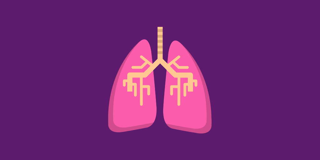 A cartoon pair of pink lungs on a purple background