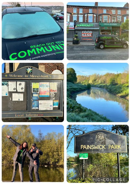 6 photos in a 2 by 3 grid. The top left is of the front of a van. The top right is of shops on a highstreet with a van parked out side with a sign for a food bank. Middle Left is a town notice board with leaflets on. Middle right is of a river. Bottom left is two people posing for the camera by a river. Bottom right is of a sign for Painswick Park. 