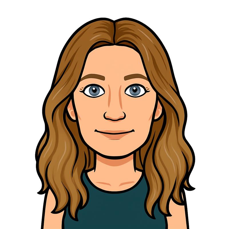 A bitmoji of Polly. She has light brown hair and blue eyes