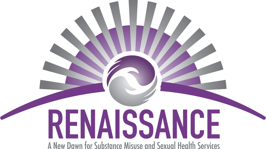 Renaissance - A New Dawn for Substance Misuse and Sexual Health Service . A purple and Grey ying and yang esq circle in the in middle with grey fan lines coming off the top and a purple semi-circle behind