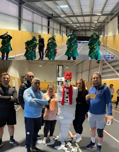 The top picture is of people racing while dressed as Christmas trees. The bottom photo is a group of people who have turned someone into a snowman with toilet paper. 