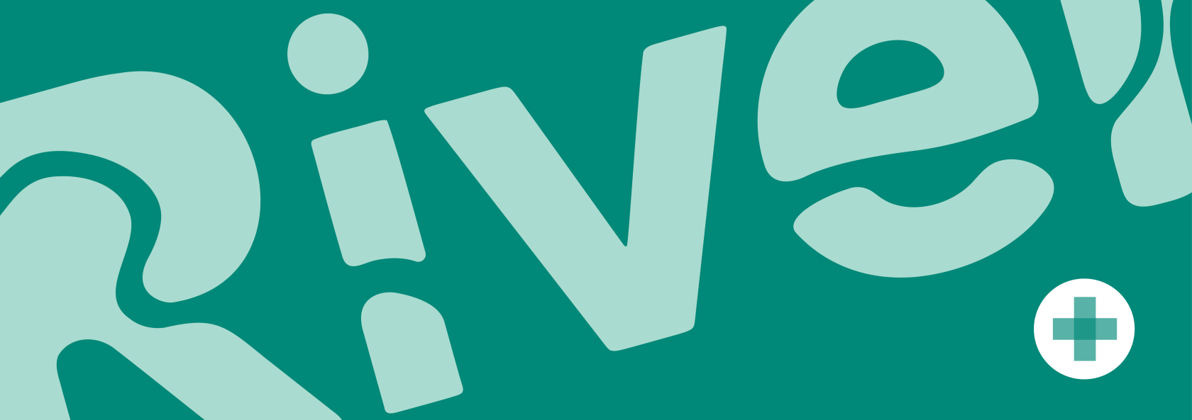 river logo on jade background with pharmacy symbol