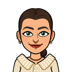 A bitmoji of Jess. Her hair is pulled back into a ponytail and she has many facial piercings