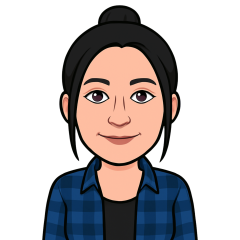 A bitmoji of Kelly. She has black hair pulled up into a bun and is wearing a blue checked shirt.