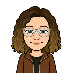 A bitmoji of Molly E. She has shoulder length brown curly hair, glasses and is wearing a brown jacket