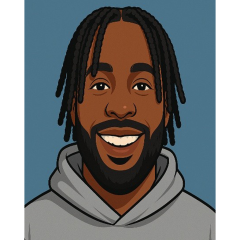 A cartoon image of Dex. His hair is twisted into braids and he has a beard.