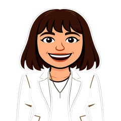 A bitmoji of Helen, her brown hair is cut to a chin length bob with a full fringe. She's wearing a white jacket