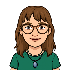 A bitmoji of Niamh, she has shoulder length brown hair, a full fringe and glasses