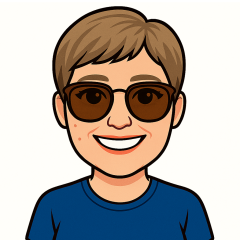 A bitmoji of Sharon. Her hair is cut into a pixie crop and she is wearing sun glasses and a blue top