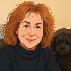 A cartoon image of Suz. She has wavy light brown hair and is wearing a dark coloured jumper
