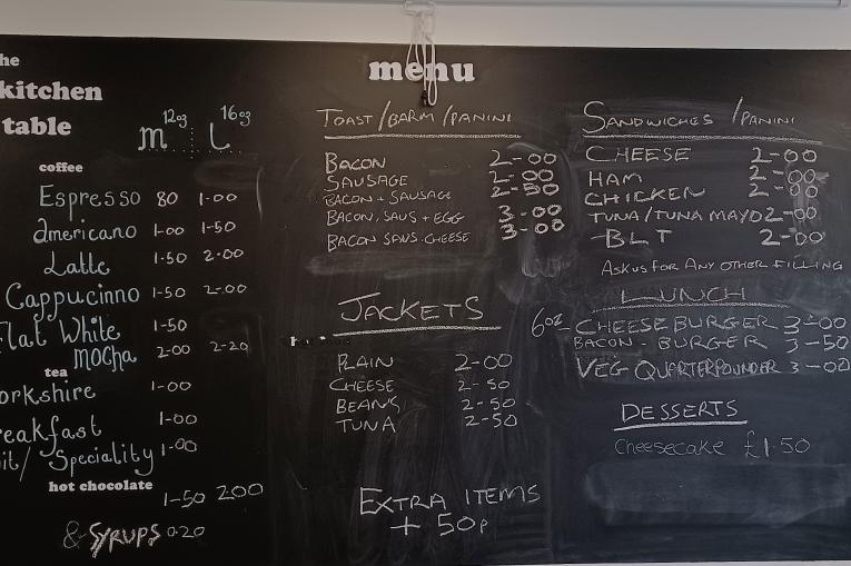 A photo of the menu at our cafe in Halton