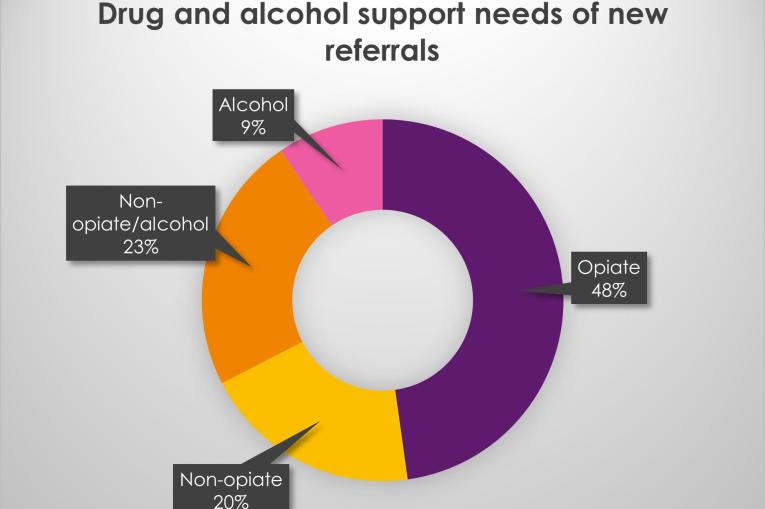 A pie chart: Opiate 48%, Non-opiate 20%, Non-opiate/alcohol 23%, Alcohol 9%