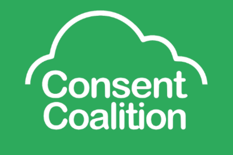 A green square with a white cloud and the words Consent Coalition