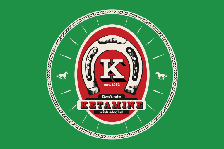 A green background with a rope circle around a horseshoe and a K in the middle. The words Don't mix ketamine with alcohol are under the horse shoe