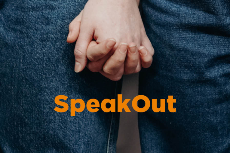 A close up of two people holding hands against a jean background. The words Speak Out are underneath the hands 