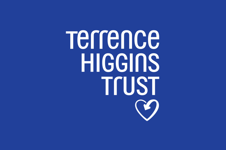 A blue background with the words Terrence Higgins Trust in white with a heart