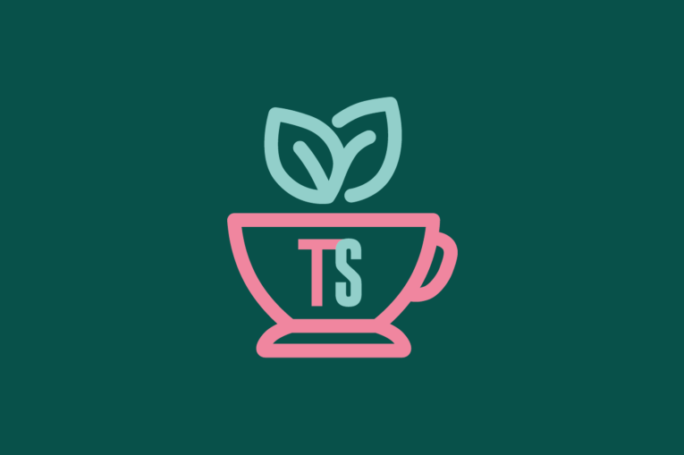 A green background with a pink teacup and plant growing out of it. The letter T S are inside the tea cup