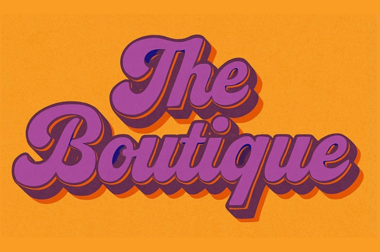 The Boutique's retro orange and purple logo is eyecatching