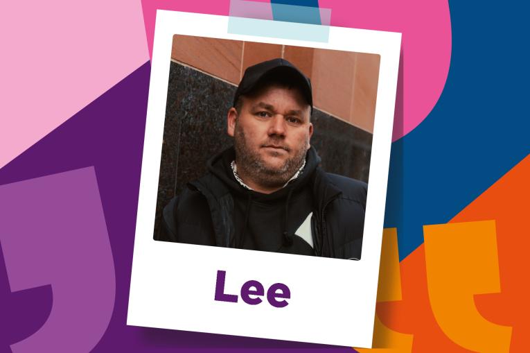 Colourful background made up of overside quotation marks. In the centre is a polaroid photo of a young man wearing a black baseball cap and a back jumper. The name Lee is on the bottom of the polaroid.