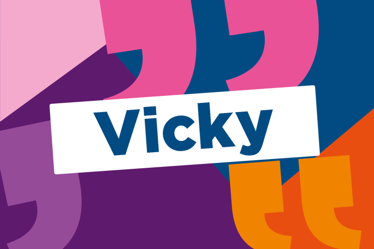 Vicky written on a colourful background